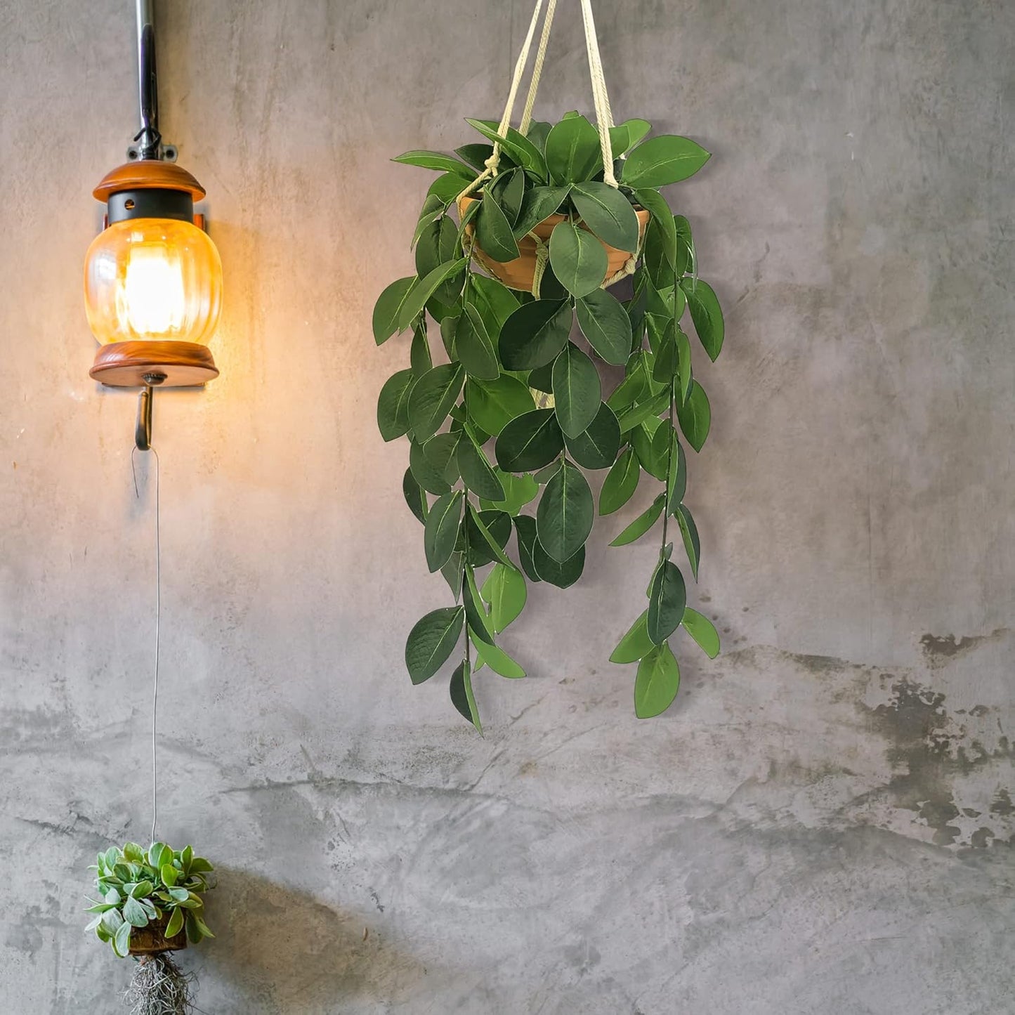 Hanging Plants Artificial Decor, Fake Hanging Plant in Clay Pot Artificial Hanging Plants with Fake Leaves and Hook for Wall Home Room Indoor Outdoor Décor (Dark Green)