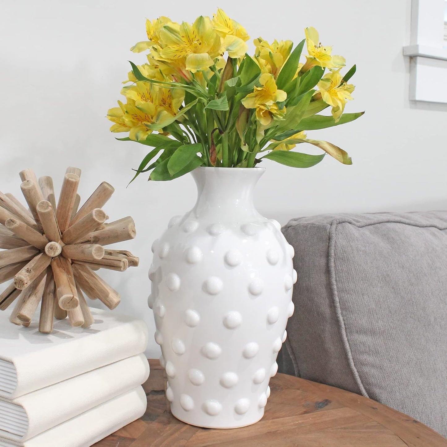 AuldHome Vintage White Hobnail Ceramic Vase, 11 inches tall, 5.4 inch diameter