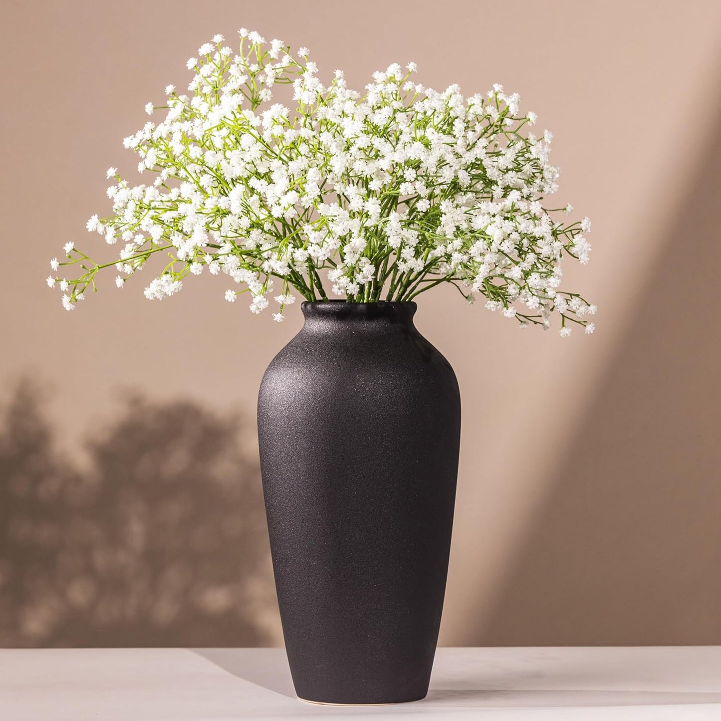 Laurel&Vine 12" Tall White Ceramic Vase, Speckled Textured Minimalist, with 15 Stems of 22" Faux Artificial White Babys Breath, Farmhouse Console Centerpiece Decor, Real Touch Fake Flowers in Vase