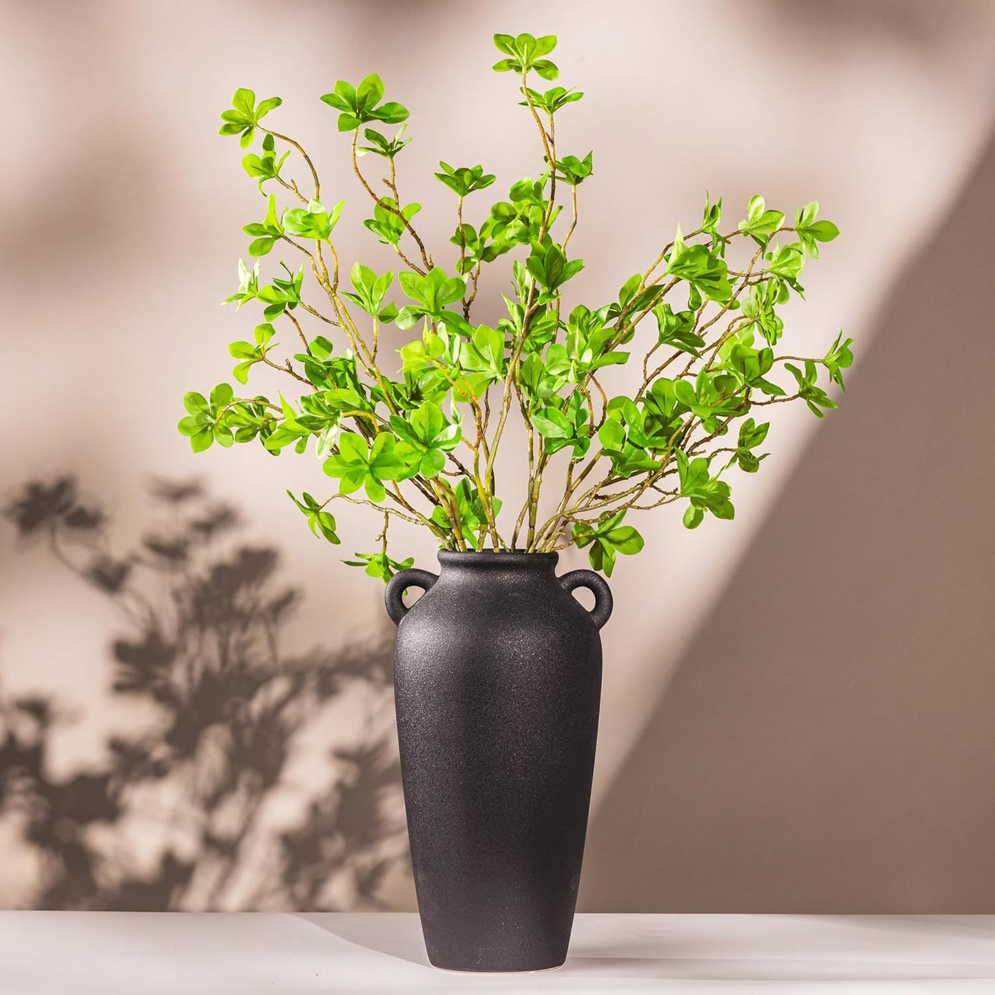 12 Inch Tall Black Ceramic Vase, with 5 Branches of 25 Inch Faux Artificial Vibrant Greenery Stems Set, Textured Minimalist Jug, Fake Stem Plants, Decorative Farmhouse, Console Table Centerpiece Decor