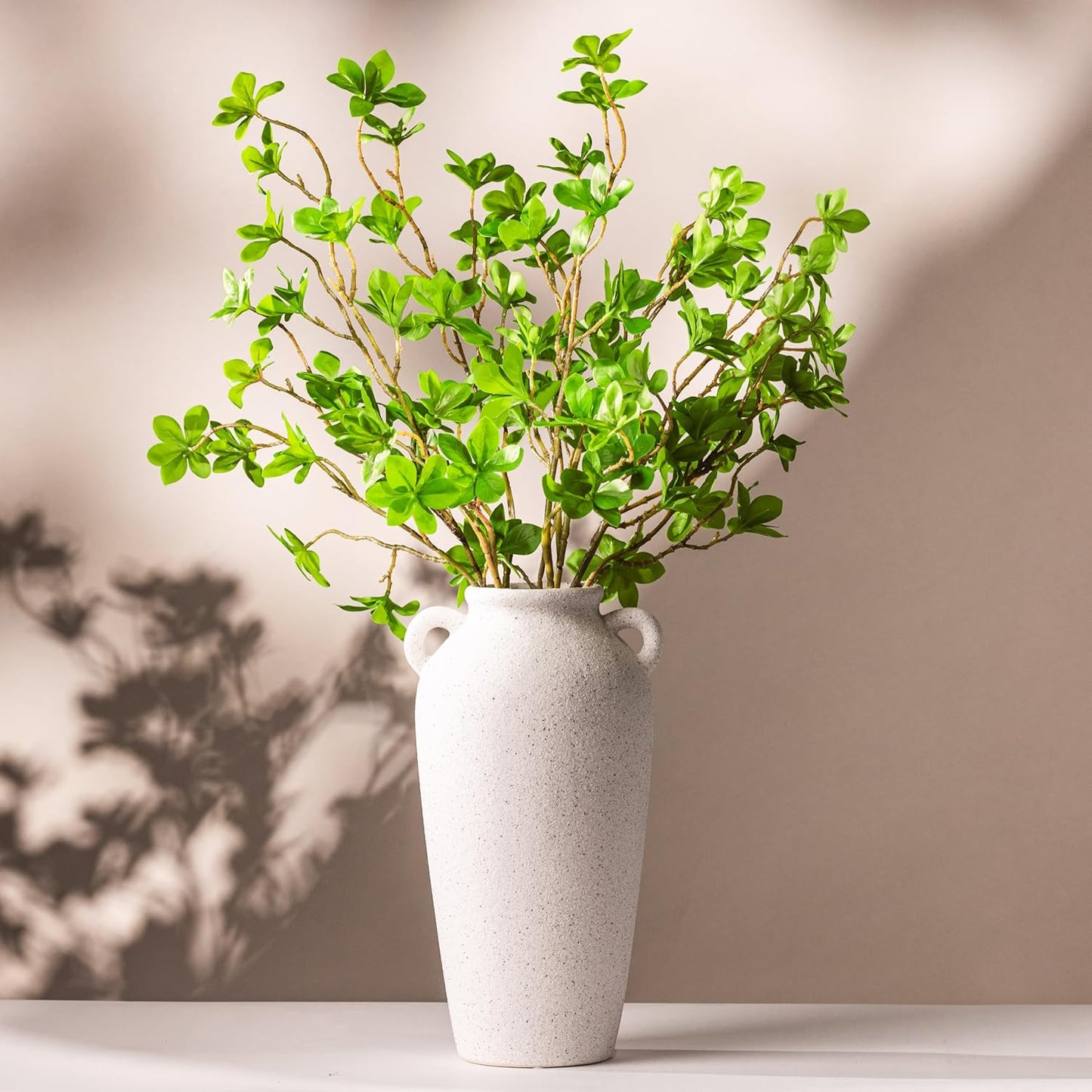 12 Inch Tall Black Ceramic Vase, with 5 Branches of 25 Inch Faux Artificial Vibrant Greenery Stems Set, Textured Minimalist Jug, Fake Stem Plants, Decorative Farmhouse, Console Table Centerpiece Decor