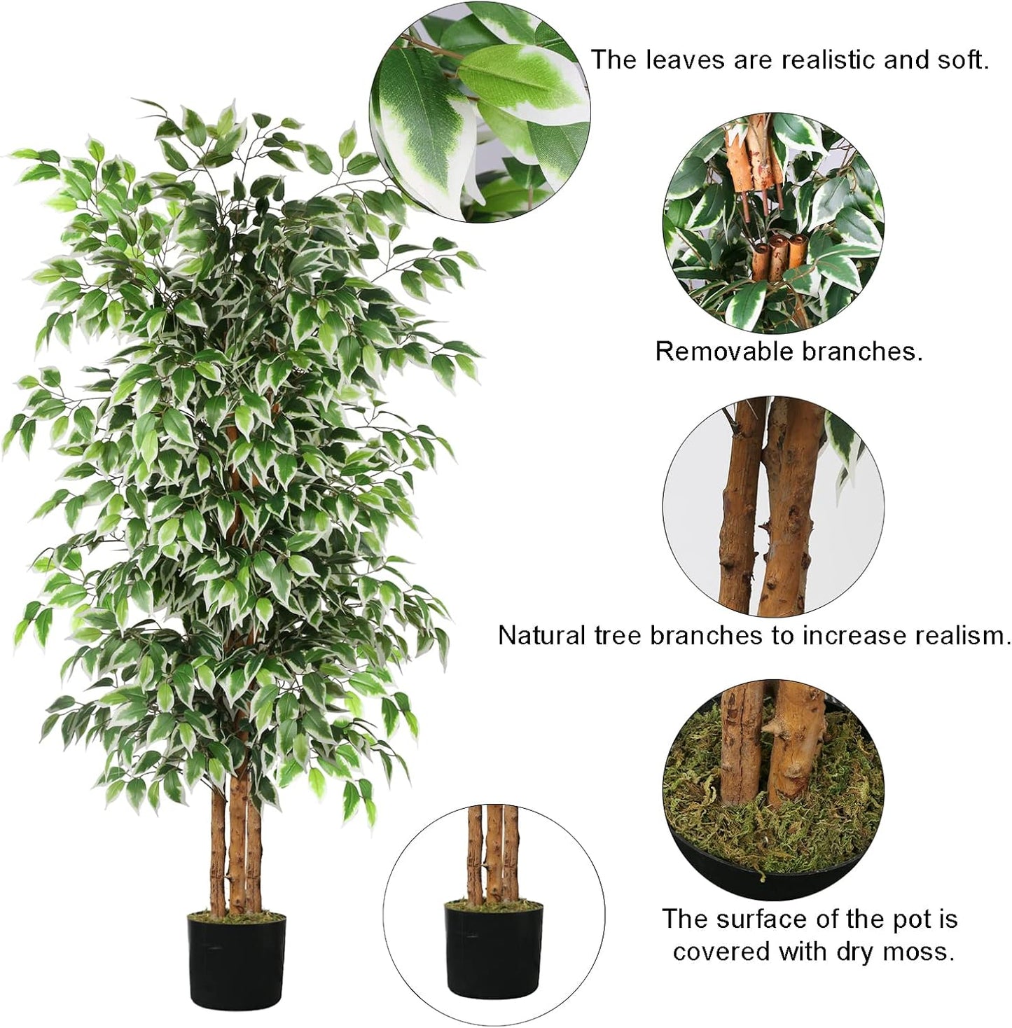 GTIDEA 6ft Artificial Tree Ficus, Tall Faux Trees Indoor with Natural Trunk and Fake Silk Tree Fake Plants for Home Spring Decor Living Room Outdoor Balcony House Office (Included Dried Moss)