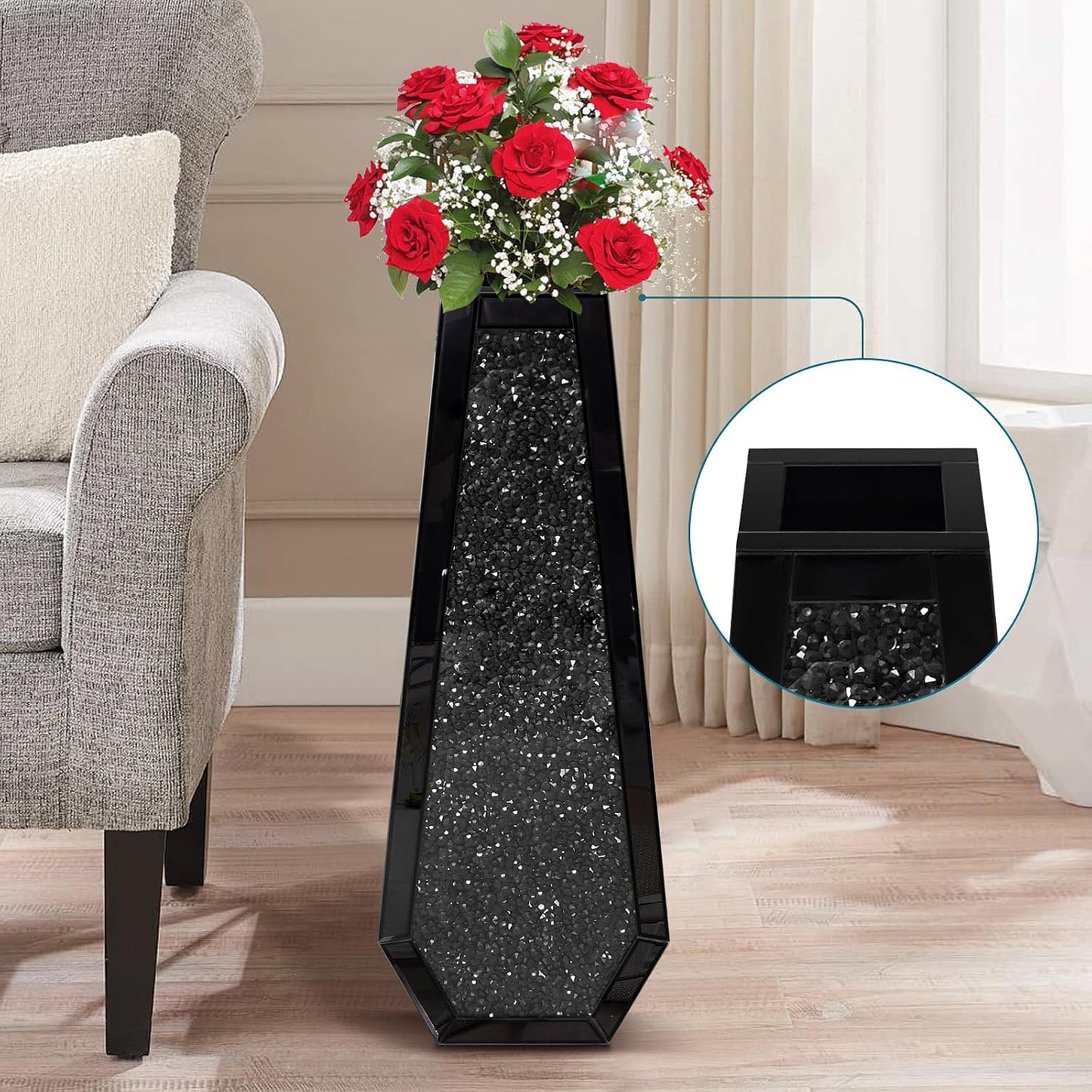 30" Tall Crushed Diamond Floor Vase, Black Large Vases for Decor Living Room, Crystal Mirrored Home Decor Vases for Dried Flower