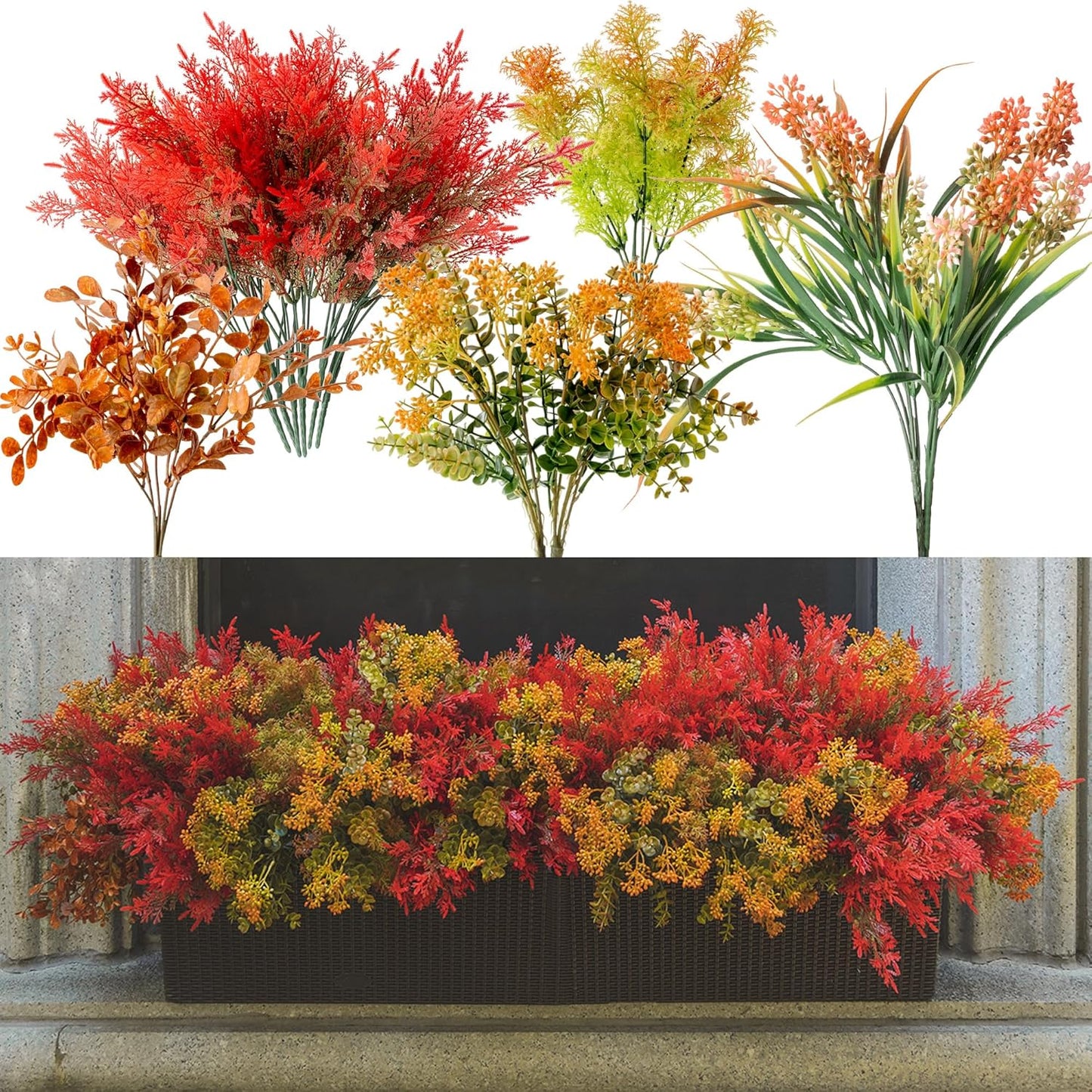 18Pcs Outdoor Artificial Boxwood UV Resistant Fake Stems Plants, Faux Plastic Greenery for Indoor Outside Hanging Plants Garden Porch Window Box Home Wedding Farmhouse Décor