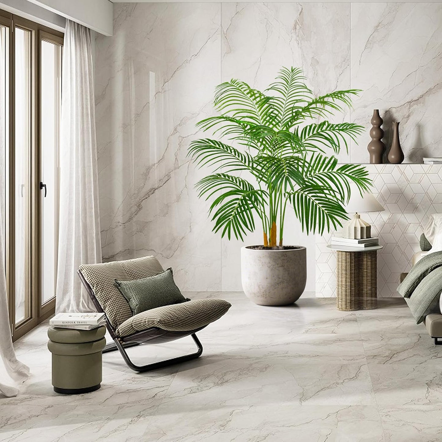 Artificial Fake Palm Tree 4FT Tropical Faux Palm Trees in Pot with 13 Trunks and Real Bark Design Areca Floor Plant Faux Palm Plant for Indoor Outdoor Home Decor