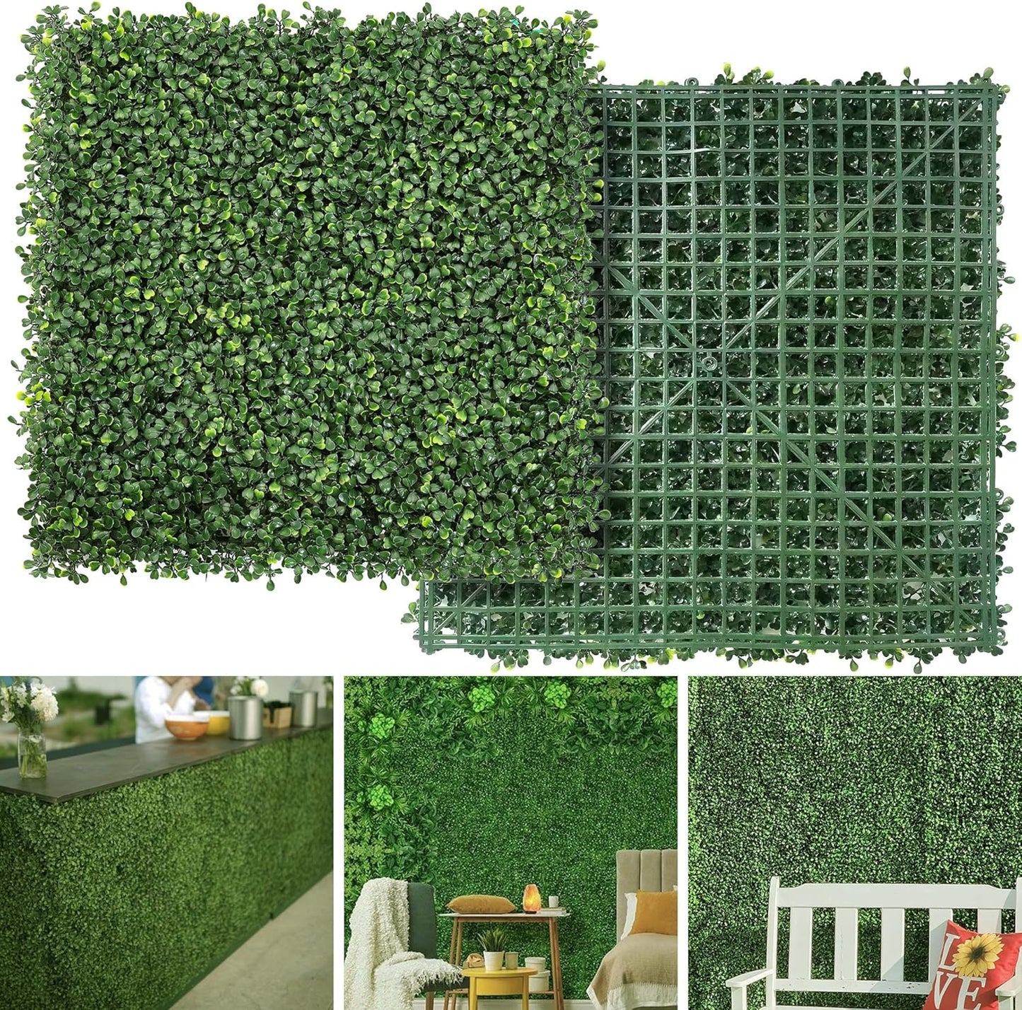 Grass Wall Panels, 10"x 10"(12pcs) 4-Layer Artificial Boxwood Faux Green Wall for Interior, Garden Party Wedding Backdrop, Indoor Outdoor Plant Wall Decor